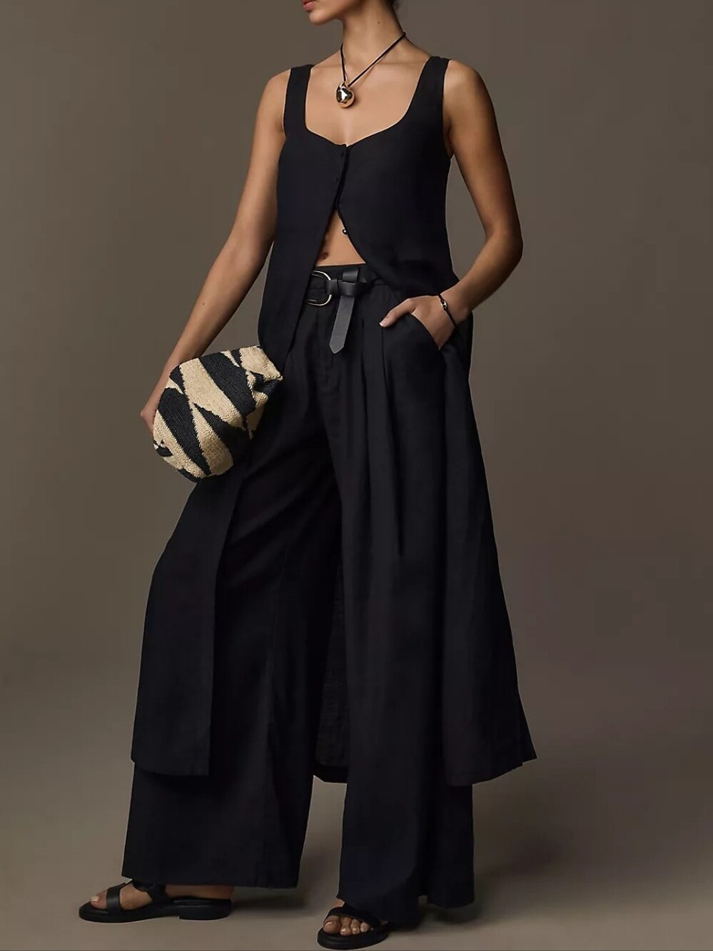 New By Anthropologie Sleeveless Flyaway Linen Tunic Vest in Black Size Large